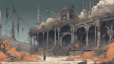 A barren, post-apocalyptic landscape with skeletal ruins, overgrown gardens, and a lone figure standing amidst the desolation, surrounded by flickering lanterns and a distant hint of a broken clock tower.