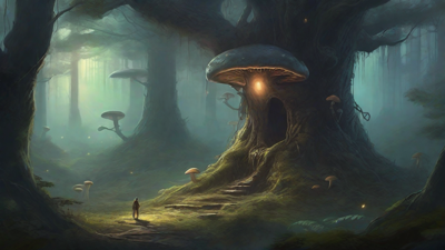 A bleak, mystical forest, where ancient trees loom over a clearing, surrounded by a ring of mushrooms, and a faint glow emanates from a lone, glowing artifact, pulsing with an otherworldly energy.