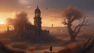 Barren wasteland, skeletal ruins, overgrown gardens, lone figure, flickering lanterns, and a broken clock tower in the distance, set against a perpetual golden sunset.