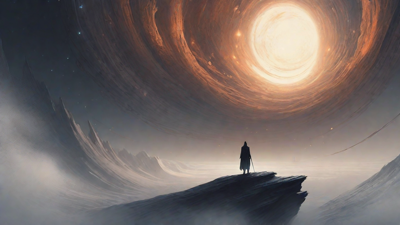 In the depths of a swirling void, a lone figure stands at the precipice, illuminated only by the faint glow of a dying star, as they embark on a perilous journey through the abyss towards an unknown destination.
