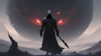 Guided by the void's dark whispers, a lone traveler ventures into the abyss, navigating through a realm of eternal darkness, guided by an unknown force that seeks rebirth and liberation from the void's grasp.