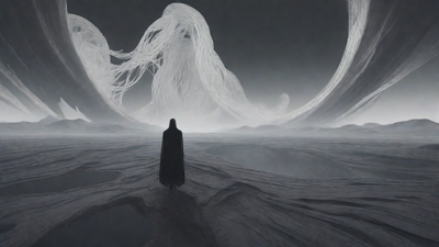 As the void's abyssal silence envelops them, a figure stands at the edge, their footsteps echoing through the void, guided by an unseen power that pushes them towards an otherworldly realm, where eternal rebirth awaits.