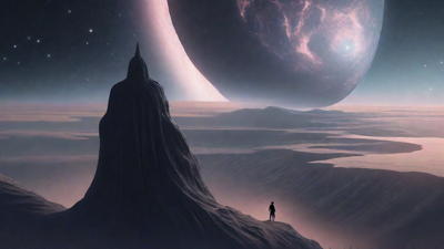 In a swirling void, a lone figure stands on the abyssal precipice, illuminated by the dying star, as they embark on a perilous journey through eternal darkness towards an unknown and mysterious destination.
