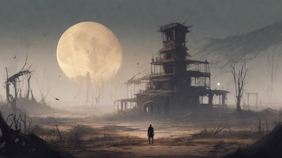 A barren, post-apocalyptic landscape with skeletal ruins, overgrown gardens, and a lone figure standing amidst the desolation, surrounded by flickering lanterns and a distant hint of a broken clock tower.