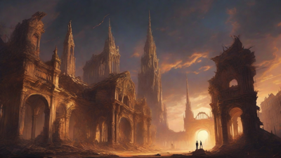 A hauntingly beautiful, ruined cityscape, with crumbling spires and grand architecture, set against a backdrop of a perpetual, golden sunset, with a lone figure dancing amidst the ruins.
