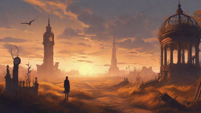 Barren wasteland, skeletal ruins, overgrown gardens, lone figure, flickering lanterns, and a broken clock tower in the distance, set against a perpetual golden sunset.