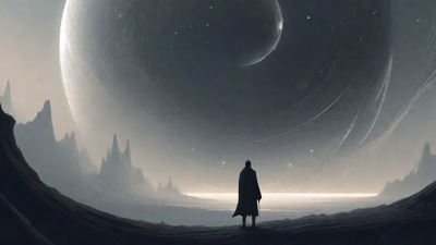 In the depths of a swirling void, a lone figure stands at the precipice, illuminated only by the faint glow of a dying star, as they embark on a perilous journey through the abyss towards an unknown destination.