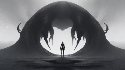 As the void's abyssal silence envelops them, a figure stands at the edge, their footsteps echoing through the void, guided by an unseen power that pushes them towards an otherworldly realm, where eternal rebirth awaits.
