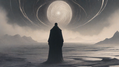 In a swirling void, a lone figure stands on the abyssal precipice, illuminated by the dying star, as they embark on a perilous journey through eternal darkness towards an unknown and mysterious destination.