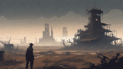 A barren, post-apocalyptic landscape with skeletal ruins, overgrown gardens, and a lone figure standing amidst the desolation, surrounded by flickering lanterns and a distant hint of a broken clock tower.