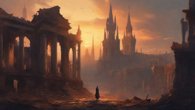 A hauntingly beautiful, ruined cityscape, with crumbling spires and grand architecture, set against a backdrop of a perpetual, golden sunset, with a lone figure dancing amidst the ruins.