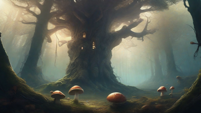 A bleak, mystical forest, where ancient trees loom over a clearing, surrounded by a ring of mushrooms, and a faint glow emanates from a lone, glowing artifact, pulsing with an otherworldly energy.