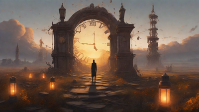 Barren wasteland, skeletal ruins, overgrown gardens, lone figure, flickering lanterns, and a broken clock tower in the distance, set against a perpetual golden sunset.