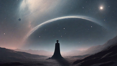 In the depths of a swirling void, a lone figure stands at the precipice, illuminated only by the faint glow of a dying star, as they embark on a perilous journey through the abyss towards an unknown destination.