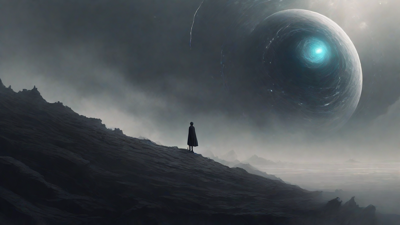 In a swirling void, a lone figure stands on the abyssal precipice, illuminated by the dying star, as they embark on a perilous journey through eternal darkness towards an unknown and mysterious destination.