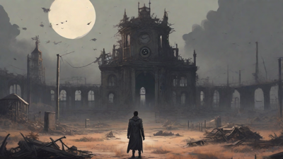 A barren, post-apocalyptic landscape with skeletal ruins, overgrown gardens, and a lone figure standing amidst the desolation, surrounded by flickering lanterns and a distant hint of a broken clock tower.