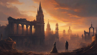 A hauntingly beautiful, ruined cityscape, with crumbling spires and grand architecture, set against a backdrop of a perpetual, golden sunset, with a lone figure dancing amidst the ruins.