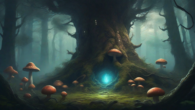 A bleak, mystical forest, where ancient trees loom over a clearing, surrounded by a ring of mushrooms, and a faint glow emanates from a lone, glowing artifact, pulsing with an otherworldly energy.