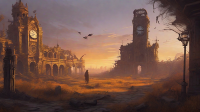Barren wasteland, skeletal ruins, overgrown gardens, lone figure, flickering lanterns, and a broken clock tower in the distance, set against a perpetual golden sunset.