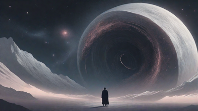 In the depths of a swirling void, a lone figure stands at the precipice, illuminated only by the faint glow of a dying star, as they embark on a perilous journey through the abyss towards an unknown destination.
