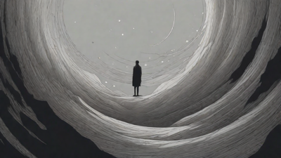 In a swirling void, a lone figure stands on the abyssal precipice, illuminated by the dying star, as they embark on a perilous journey through eternal darkness towards an unknown and mysterious destination.