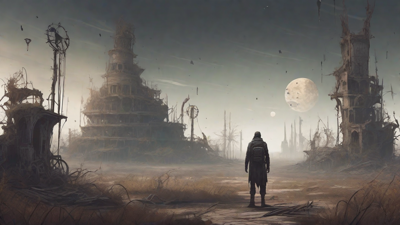 A barren, post-apocalyptic landscape with skeletal ruins, overgrown gardens, and a lone figure standing amidst the desolation, surrounded by flickering lanterns and a distant hint of a broken clock tower.