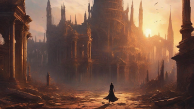 A hauntingly beautiful, ruined cityscape, with crumbling spires and grand architecture, set against a backdrop of a perpetual, golden sunset, with a lone figure dancing amidst the ruins.
