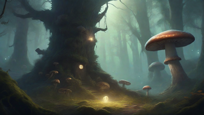 A bleak, mystical forest, where ancient trees loom over a clearing, surrounded by a ring of mushrooms, and a faint glow emanates from a lone, glowing artifact, pulsing with an otherworldly energy.