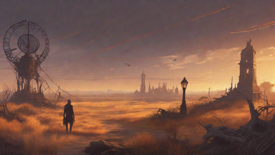 Barren wasteland, skeletal ruins, overgrown gardens, lone figure, flickering lanterns, and a broken clock tower in the distance, set against a perpetual golden sunset.