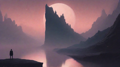 In the depths of a swirling void, a lone figure stands at the precipice, illuminated only by the faint glow of a dying star, as they embark on a perilous journey through the abyss towards an unknown destination.