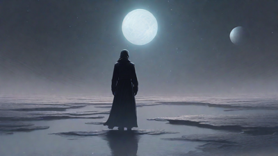 In a swirling void, a lone figure stands on the abyssal precipice, illuminated by the dying star, as they embark on a perilous journey through eternal darkness towards an unknown and mysterious destination.