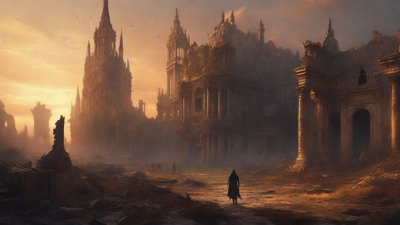 A hauntingly beautiful, ruined cityscape, with crumbling spires and grand architecture, set against a backdrop of a perpetual, golden sunset, with a lone figure dancing amidst the ruins.