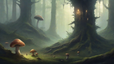 A bleak, mystical forest, where ancient trees loom over a clearing, surrounded by a ring of mushrooms, and a faint glow emanates from a lone, glowing artifact, pulsing with an otherworldly energy.