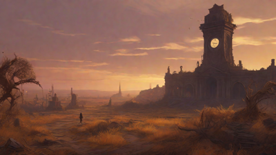 Barren wasteland, skeletal ruins, overgrown gardens, lone figure, flickering lanterns, and a broken clock tower in the distance, set against a perpetual golden sunset.