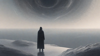 In the depths of a swirling void, a lone figure stands at the precipice, illuminated only by the faint glow of a dying star, as they embark on a perilous journey through the abyss towards an unknown destination.