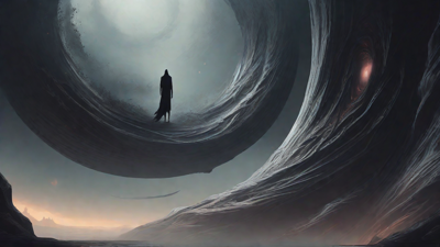 Guided by the void's dark whispers, a lone traveler ventures into the abyss, navigating through a realm of eternal darkness, guided by an unknown force that seeks rebirth and liberation from the void's grasp.