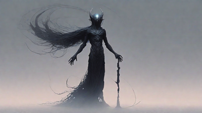 As the void's abyssal silence envelops them, a figure stands at the edge, their footsteps echoing through the void, guided by an unseen power that pushes them towards an otherworldly realm, where eternal rebirth awaits.