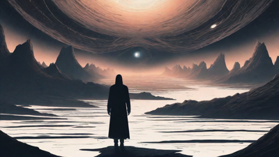In a swirling void, a lone figure stands on the abyssal precipice, illuminated by the dying star, as they embark on a perilous journey through eternal darkness towards an unknown and mysterious destination.