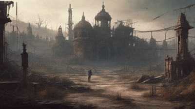 A barren, post-apocalyptic landscape with skeletal ruins, overgrown gardens, and a lone figure standing amidst the desolation, surrounded by flickering lanterns and a distant hint of a broken clock tower.