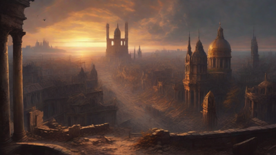 A hauntingly beautiful, ruined cityscape, with crumbling spires and grand architecture, set against a backdrop of a perpetual, golden sunset, with a lone figure dancing amidst the ruins.