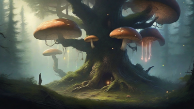 A bleak, mystical forest, where ancient trees loom over a clearing, surrounded by a ring of mushrooms, and a faint glow emanates from a lone, glowing artifact, pulsing with an otherworldly energy.