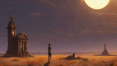 Barren wasteland, skeletal ruins, overgrown gardens, lone figure, flickering lanterns, and a broken clock tower in the distance, set against a perpetual golden sunset.