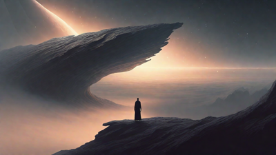 In the depths of a swirling void, a lone figure stands at the precipice, illuminated only by the faint glow of a dying star, as they embark on a perilous journey through the abyss towards an unknown destination.