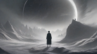 In a swirling void, a lone figure stands on the abyssal precipice, illuminated by the dying star, as they embark on a perilous journey through eternal darkness towards an unknown and mysterious destination.