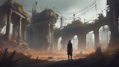 A barren, post-apocalyptic landscape with skeletal ruins, overgrown gardens, and a lone figure standing amidst the desolation, surrounded by flickering lanterns and a distant hint of a broken clock tower.