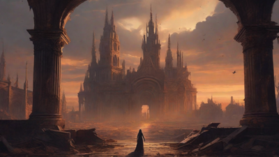 A hauntingly beautiful, ruined cityscape, with crumbling spires and grand architecture, set against a backdrop of a perpetual, golden sunset, with a lone figure dancing amidst the ruins.