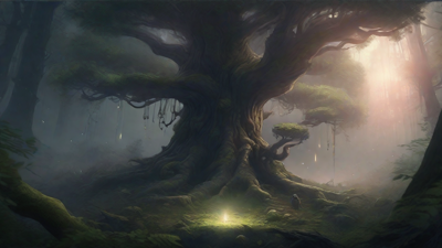 A bleak, mystical forest, where ancient trees loom over a clearing, surrounded by a ring of mushrooms, and a faint glow emanates from a lone, glowing artifact, pulsing with an otherworldly energy.