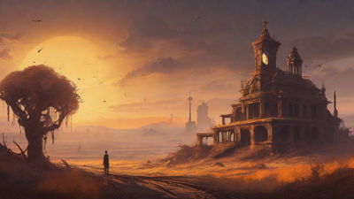 Barren wasteland, skeletal ruins, overgrown gardens, lone figure, flickering lanterns, and a broken clock tower in the distance, set against a perpetual golden sunset.