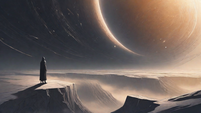 In the depths of a swirling void, a lone figure stands at the precipice, illuminated only by the faint glow of a dying star, as they embark on a perilous journey through the abyss towards an unknown destination.