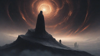 In a swirling void, a lone figure stands on the abyssal precipice, illuminated by the dying star, as they embark on a perilous journey through eternal darkness towards an unknown and mysterious destination.